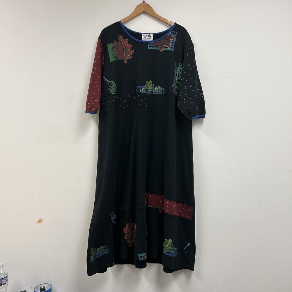 Vintage Copa Cabana Dress Womens 3X Black Patchwork Leaf Swing Long Autumn